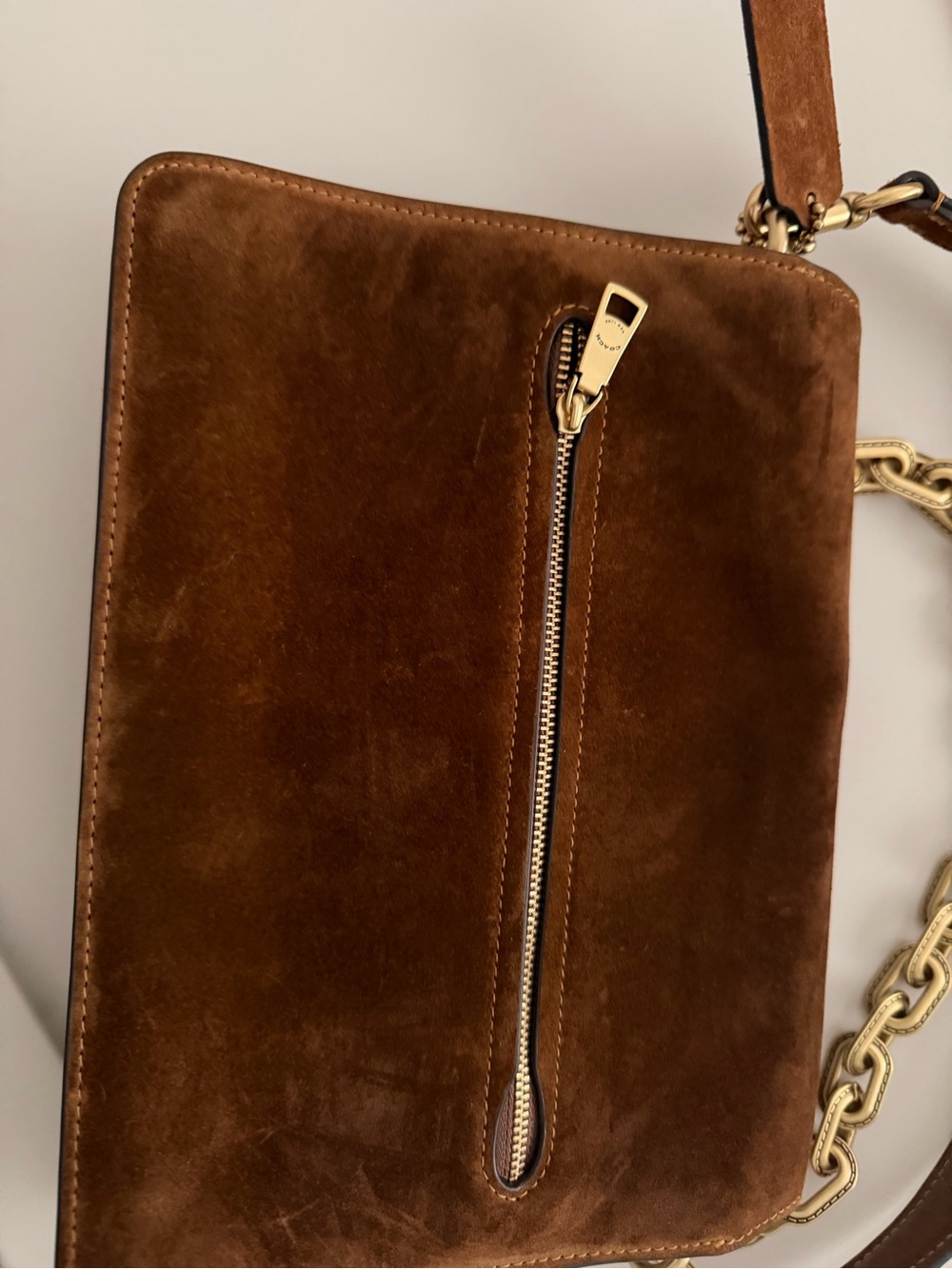 Coach Brown Suede Shoulder Bag with Gold Chain Hardware - Picture 7 of 11